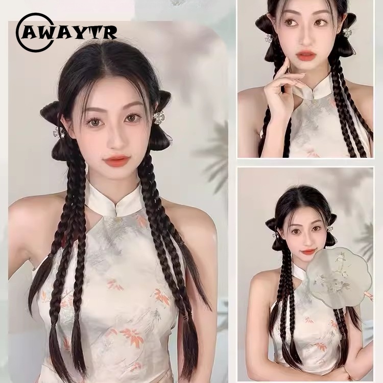 Awaytr 48 ซม. วิกผมถัก โบว์ กิ๊บติดผม สําหรับผู้หญิง แฟชั่น ยาว ถักเปีย ธรรมชาติ กิ๊บ เครื่องประดับผม