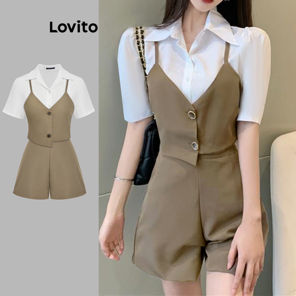 Lovito ปุ่มบนหรือล่างไม่สมมาตรธรรมดาหรูหราสำหรับผู้หญิง L74ED216