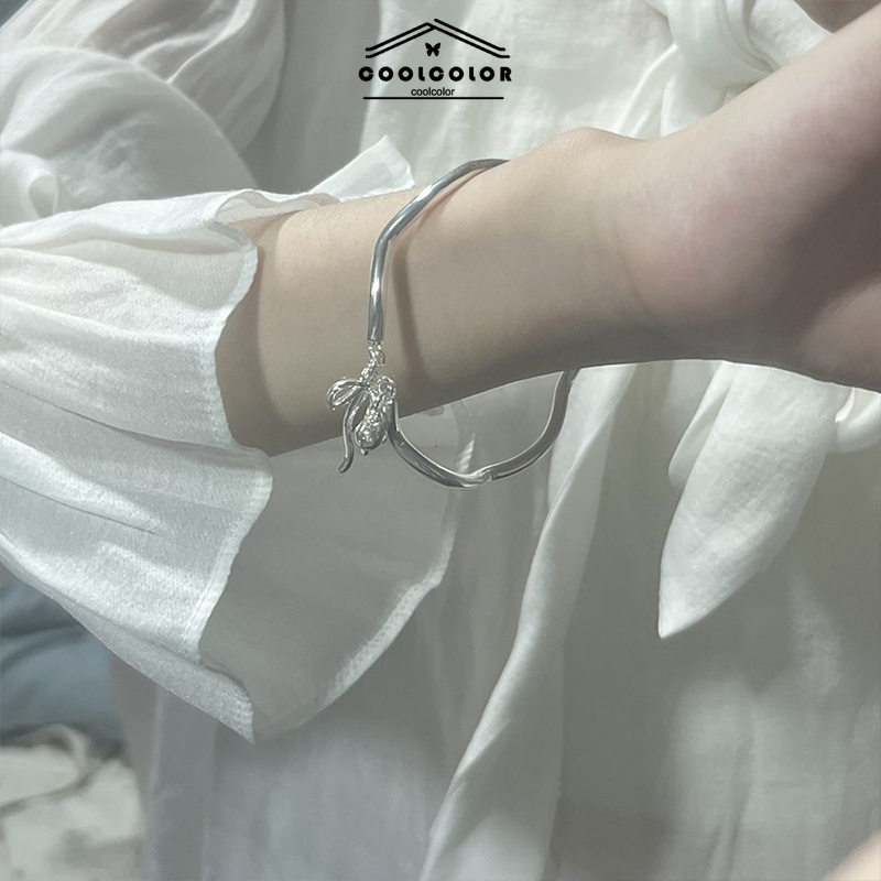 ในไทย-สร้อยข้อมือรูปคลื่นโบว์สีเงินเกาหลีเปิดปรับได้เรียบง่ายหวานละเอียดอ่อน2023ใหม่เครื่องประดับสำหรับผู้หญิงCOD