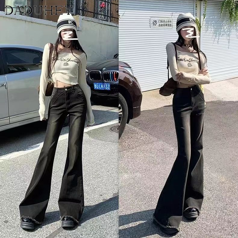 DaDuHey 2024 Fashionable High Street Design Versatile Bootleg Pants Women's American Retro Wide Leg Raw Hem Jeans