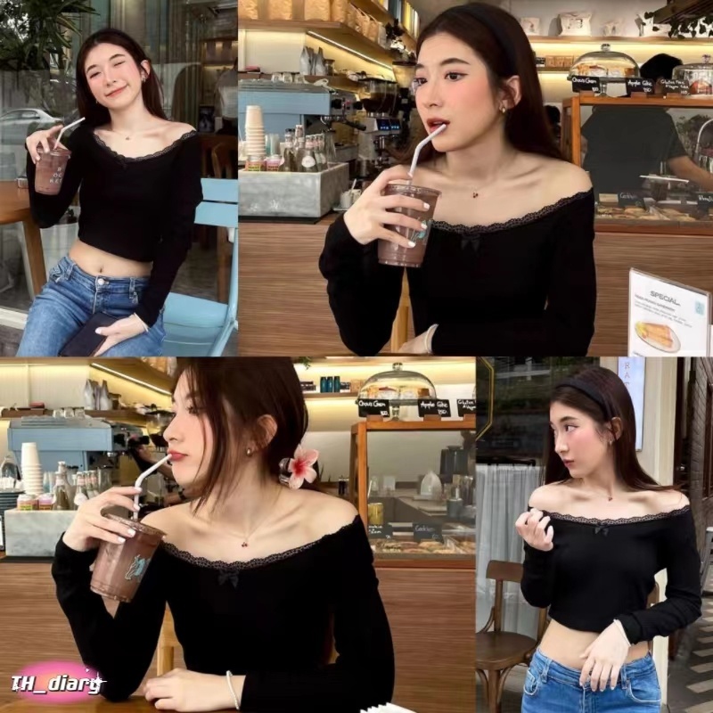 (จัดส่งจากกรุงเทพฯ) ฤดูร้อนรูปแบบใหม่ เสื้อยืดแขนยาวสีทึบปิดไหล่เซ็กซี่ของผู้หญิง