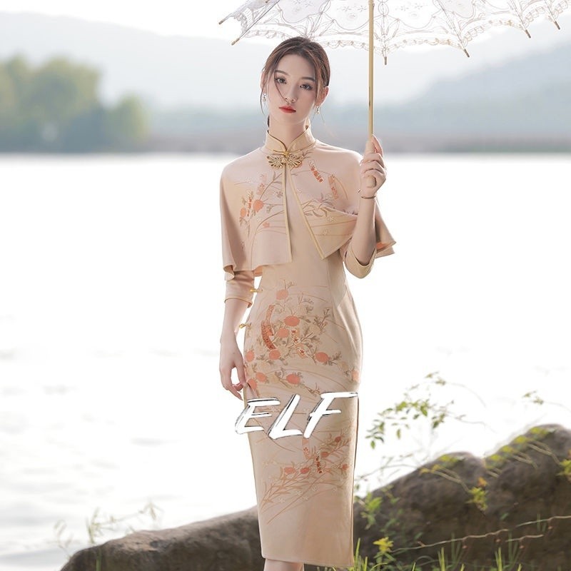 Qipao กระโปรงกี่เพ้า พิมพ์ลาย สไตล์ฝรั่งเศสย้อนยุค