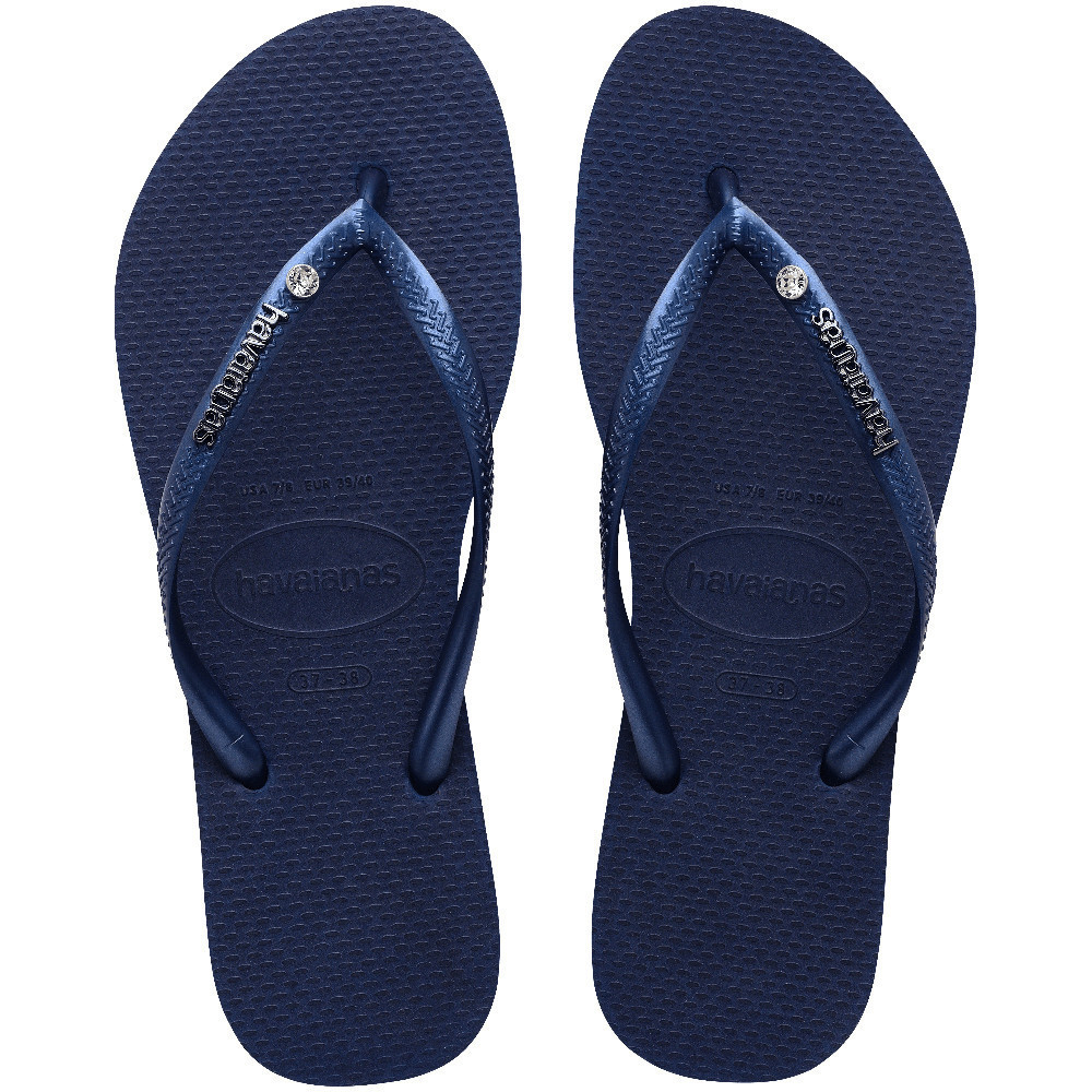 HAVAIANAS รองเท้าแตะผู้หญิง Swarovski Crystal Slim Metal Logo Flip Flops BLUE 41478100555F_U4BLXX