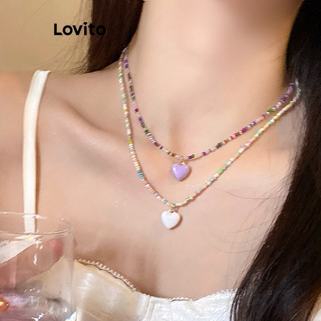 Lovito สร้อยคอผู้หญิง รูปหัวใจน่ารัก แต่งลูกปัด สีพื้น สไตล์ลำลอง LFA13387
