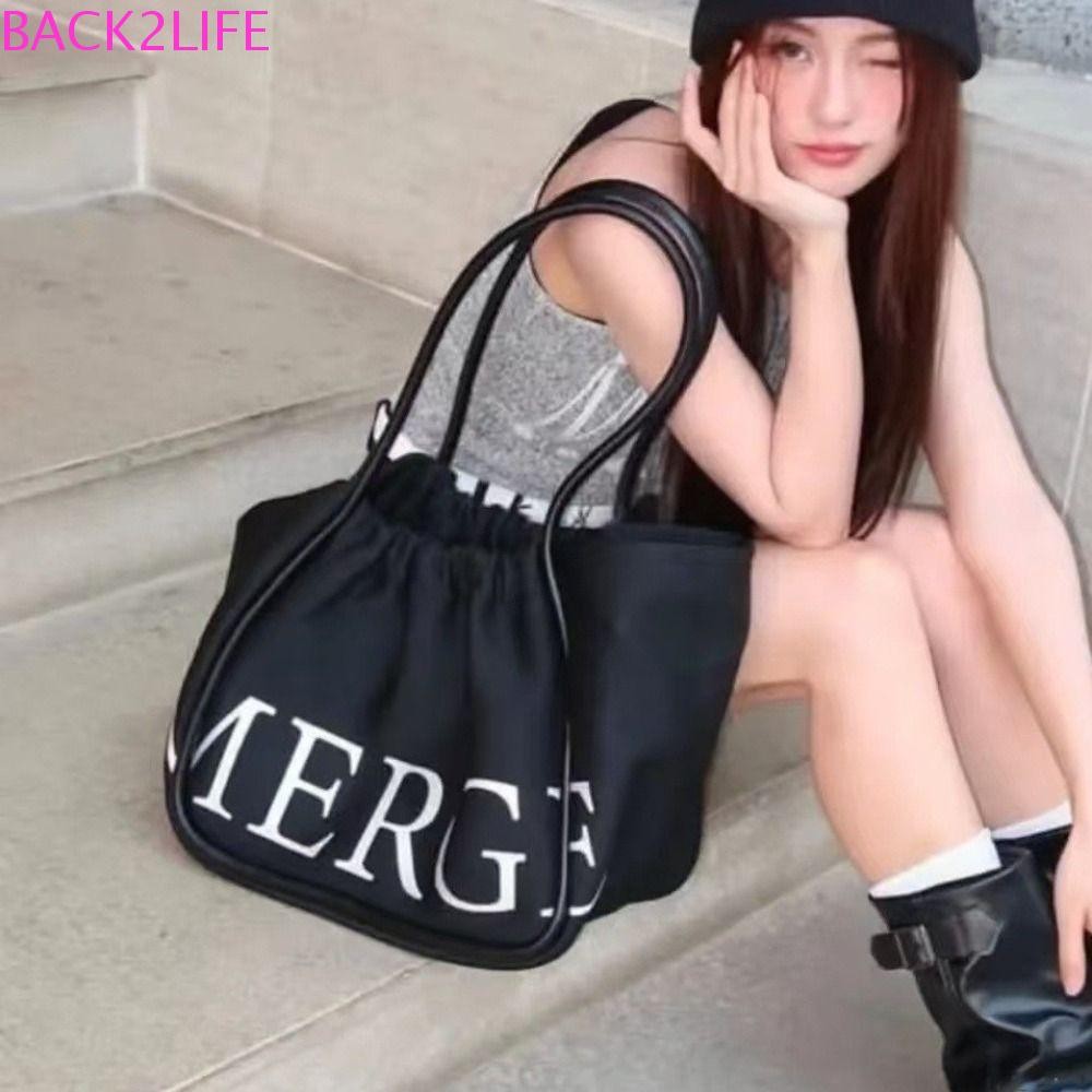 Back2life Letter Canvas Bag, Letter Tote Handbag Drawstring Shoulder Bag, Casual Fashion Thai Portable Cloth Bag Travel