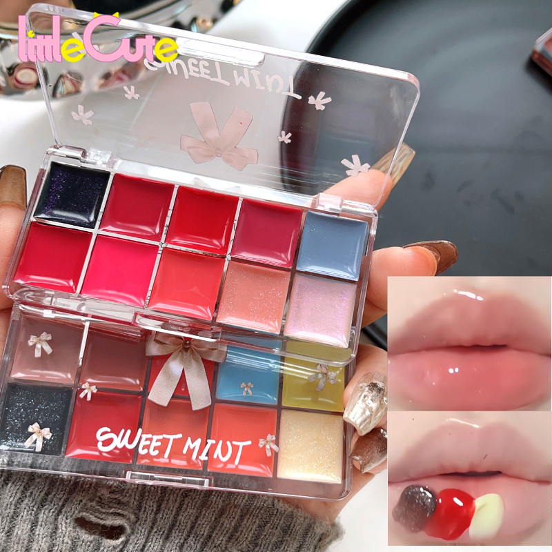 10 สี Jelly Lip Gloss Palette - Lasting Moisturizing - Lips Makeup Cosmetic - Transparent Lip Glaze Tinted - Non-Stick Cup Mirror Lipsticks - Water Light Pigment Lipstick