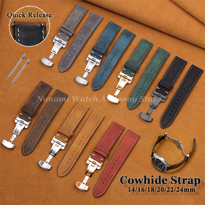 Retro Cowhide Quick Release สายนาฬิกา 14 มม.16 มม.18 มม.20 มม.22 มม.24 มม.หนังแท้หัวเข็มขัดผีเสื้อ Watchband ผู้ชายผู้หญิงธุรกิจสร้อยข้อมือเข็มขัด
