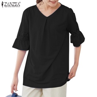 Zanzea เสื้อยืดแขนครึ่ง คอวี แต่งจับจีบ สไตล์เกาหลี สําหรับผู้หญิง