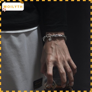 Moilyth สร้อยข้อมือกระดูกมังกร หัวคู่ โลหะผสม ทรงเรขาคณิต สีพื้น สไตล์วินเทจ พังก์ สําหรับผู้ชาย