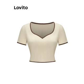 Lovito เสื้อยืดลำลองสีพื้น คอนทราส สำหรับสตรี L58AD024 (แอพริคอท)