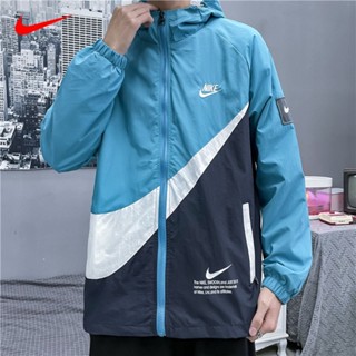 Nike เสื้อแจ็กเก็ต มีฮู้ด ปักลายโลโก้ ขนาดเล็ก ของแท้ 100% สําหรับผู้ชาย และผู้หญิง