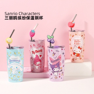 Sanrio ขวดน้ําสเตนเลส 304 มีฉนวนกันความร้อน 600 มล. พร้อมหลอดดูด พกพาง่าย สําหรับเด็กนักเรียน