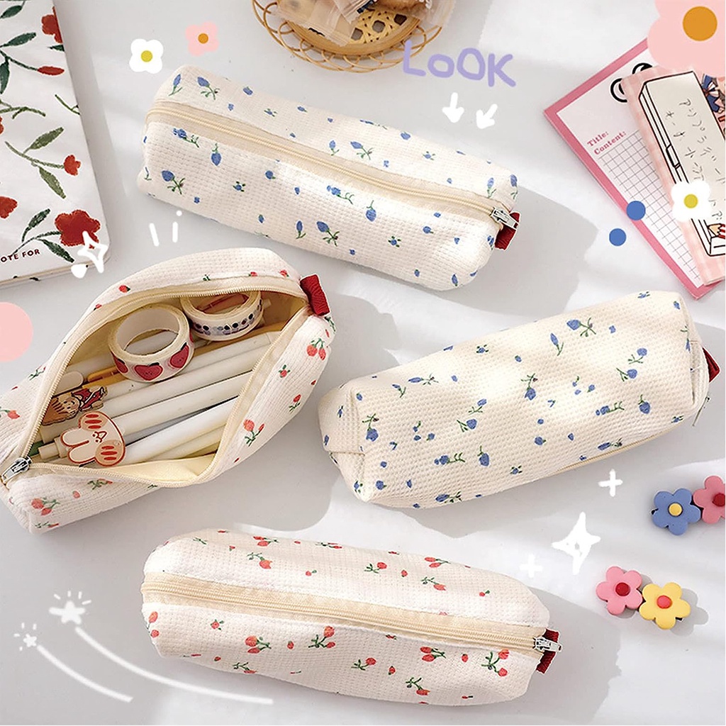 Kawaii กระเป๋าดินสอ กระเป๋าเครื่องสําอาง กระเป๋าออแกไนเซอร์ ผ้าฝ้าย ลายดอกไม้ เรียบง่าย สําหรับโรงเรียน สํานักงาน เครื่องเขียน
