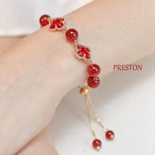 Preston สร้อยข้อมือหยกเทียม ปรับได้ ของขวัญวินเทจ คนรักโคลเวอร์ โซ่มือหญิง