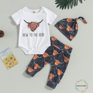 Babyclothes- ชุดรอมเปอร์ แขนสั้น พิมพ์ลายหัววัว และกางเกง หมวก แฟชั่นฤดูร้อน สําหรับเด็กผู้ชาย 3 ชิ้น