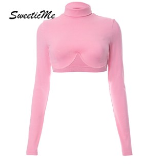 Sweeticme เสื้อครอปแขนยาว คอเต่า เซ็กซี่ สีพื้น แฟชั่นใหม่ สําหรับผู้หญิง 2023