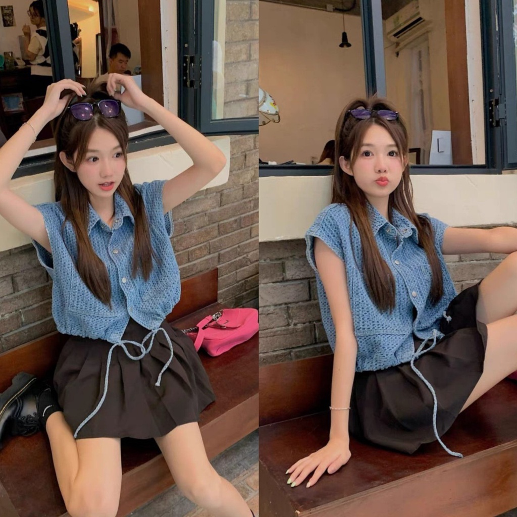 Pudding ~พร้อมส่ง~ "942"เสื้อยีนส์คอปกแขนสั้น กระดุมหน้า เอวสามารถรูดได้  -NZ