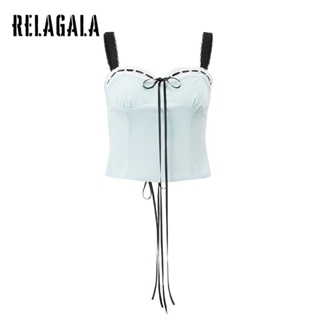 Relagala เสื้อครอปท็อปลําลอง สายคล้องคอ แนวเซ็กซี่ สีตัดกัน แฟชั่นเรียบง่าย สําหรับผู้หญิง 2023