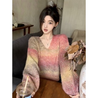 [MIBU] ✨เสื้อกันหนาวแขนยาว คอวี ทรงหลวม แต่งไล่โทนสี สไตล์เรโทร