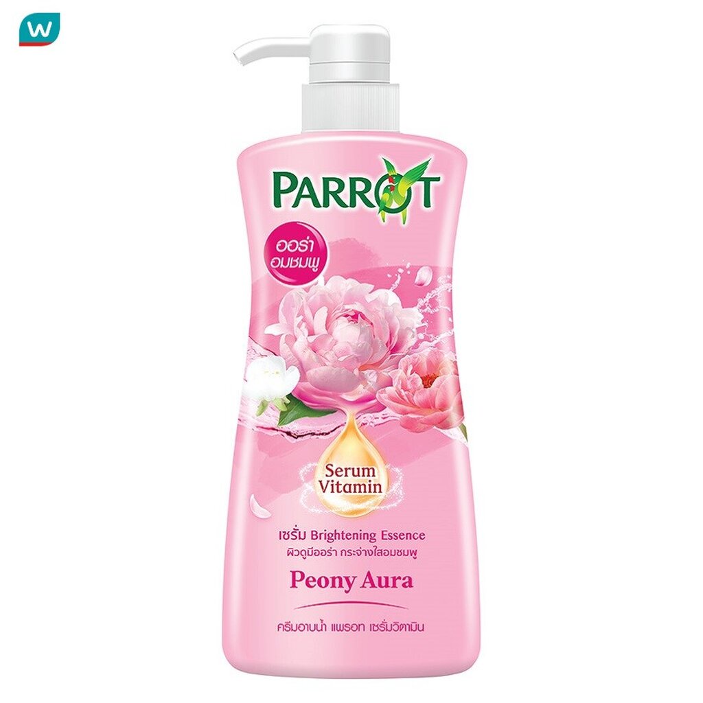 Parrot แพรอท ครีมอาบน้ำ เซรั่ม วิตามิน พีโอนี่ ออร่า 450 มล. ผิวออร่า กระจ่างใสอมชมพู