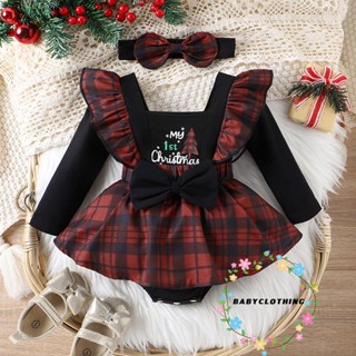 Babyclothes- ชุดรอมเปอร์ แขนยาว ลายสก๊อต คริสต์มาส พร้อมที่คาดผม น่ารัก สําหรับเด็กทารกผู้หญิง 2 ชิ้น