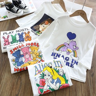 【Girl Wear】เสื้อยืดคอกลม แขนยาว ผ้าฝ้าย พิมพ์ลายการ์ตูน ทรงหลวม สไตล์เกาหลี สําหรับเด็กผู้หญิง (1-13 ปี)