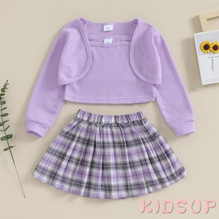 Kidsup1- เสื้อคาร์ดิแกนแขนยาว กระโปรงพลีท ลายสก๊อต วาฟเฟิล แฟชั่นฤดูร้อน สําหรับเด็กผู้หญิง วัยหัดเดิน 3 ชิ้น