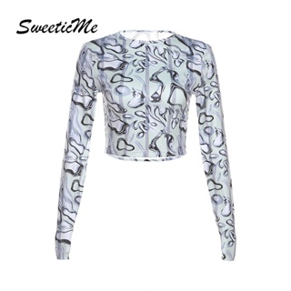 Sweeticme ใหม่ เสื้อยืดครอปลําลอง แขนยาว คอกลม ทรงสลิมฟิต พิมพ์ลาย แฟชั่นสําหรับสตรี 2023