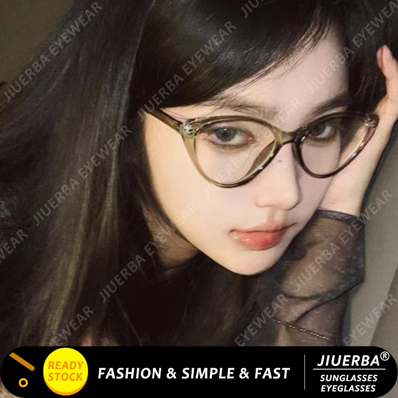 (JIUERBA) แว่นตาแฟชั่น กรอบกลม สีเขียวมะกอก แมว ป้องกันรังสี สไตล์เกาหลีเรโทร
