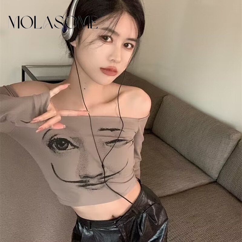 Molasome ใหม่ เสื้อยืดลําลอง แขนยาว เปิดไหล่ เข้ารูป พิมพ์ลาย แฟชั่นสําหรับสตรี 2023