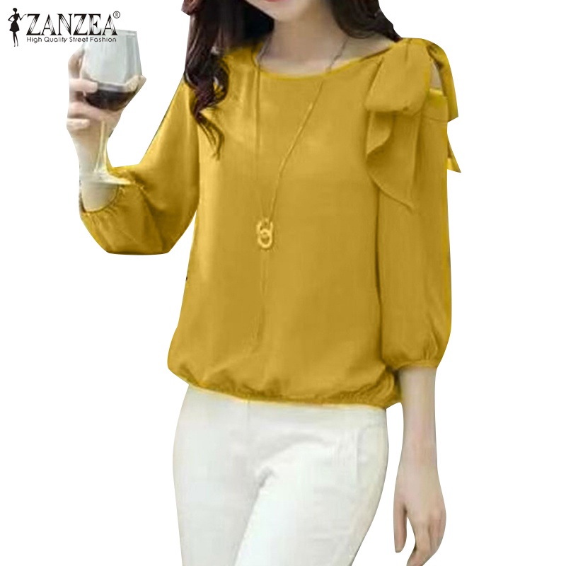 Zanzea เสื้อเบลาส์ คอกลม แขนสามส่วน ยืดหยุ่น สไตล์เกาหลี สําหรับผู้หญิง