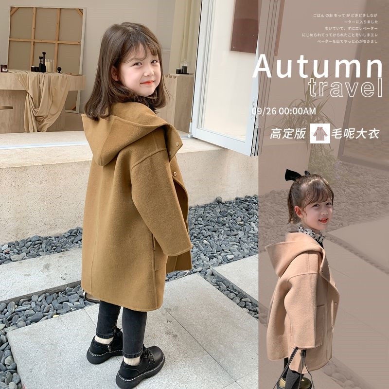 [พร้อมส่ง] เสื้อโค้ท ผ้าขนสัตว์ มีฮู้ด ความยาวปานกลาง แฟชั่นฤดูใบไม้ผลิ ฤดูใบไม้ร่วง สําหรับเด็กผู้หญิง ไซซ์ 90-140