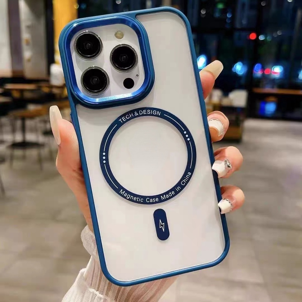 เคสโทรศัพท์มือถือ ซิลิโคนใส กันกระแทก กันรอยเลนส์กล้อง แม่เหล็ก แข็งแรงมาก สีฟ้า แดง สําหรับ iPhone 15 14 11 12 Pro Max 13 Mini XS Max XR X 7+ 8+ Plus