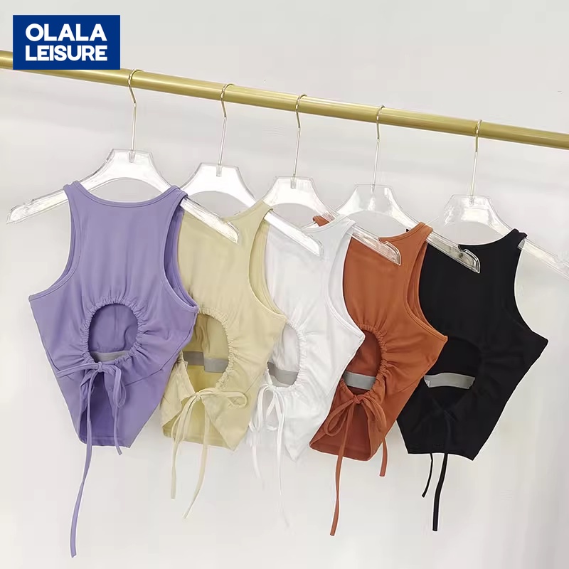 OLALA LEISURE ชุดสปอร์ตบรา แต่งเชือกผูกด้านหลัง แต่งรูกลวง พร้อมแผ่นรองหน้าอก เหมาะกับใส่เล่นโยคะ ฟิตเนส สําหรับผู้หญิง