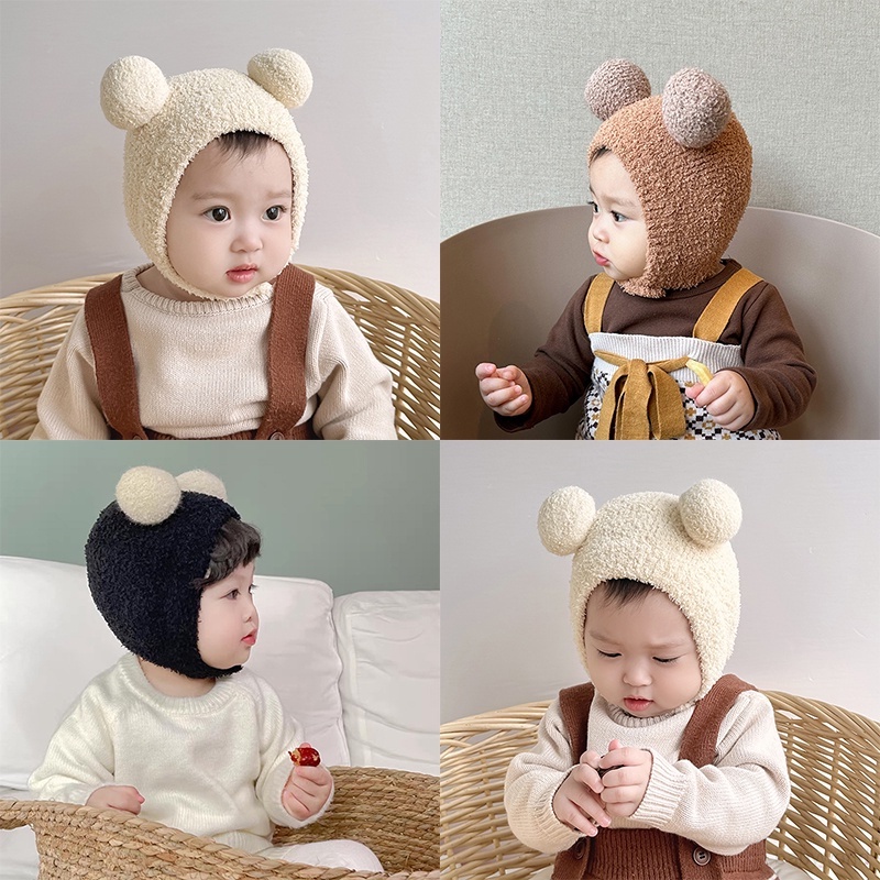 หมวกบีนนี่ ผ้าถัก ป้องกันหู ให้ความอบอุ่น แฟชั่นฤดูใบไม้ร่วง และฤดูหนาว สไตล์เกาหลี สําหรับเด็กทารก