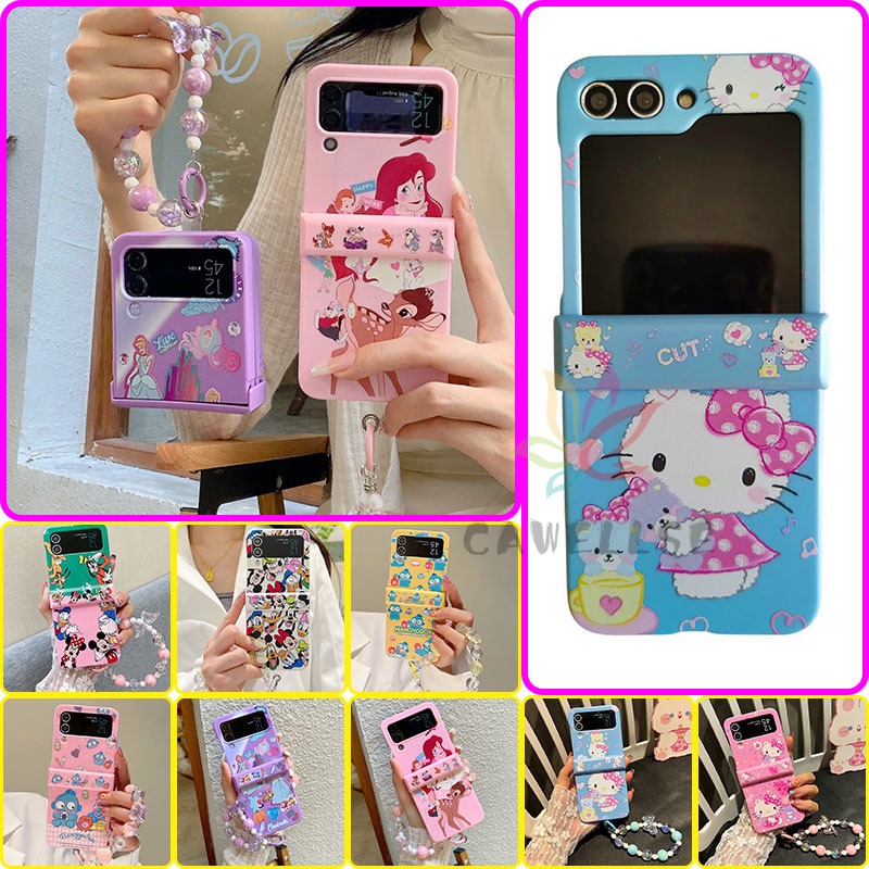 Samsung Galaxy Z Flip 5 Z Flip 6 Flip 4 เคสโทรศัพท์สีลูกกวาดพร้อมสายรัดบานพับป้องกัน Catoon พิมพ์ปลอก Samsung Z Flip 6 Flip 5 Flip 4 Hard PC ฝาหลัง