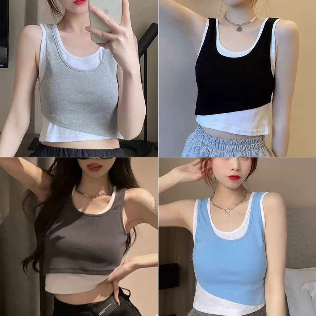 พร้อมส่ง เสื้อครอปเเขนกุด รัดรูป สีพื้นๆ เสื้อกล้ามลำลอง