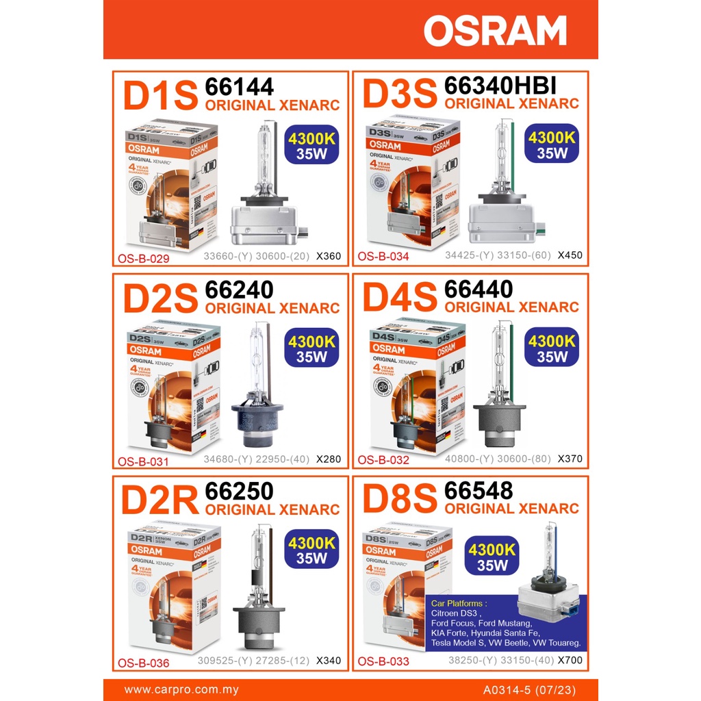 OSRAM XENARC HID 1 PC ทุกขนาด D1S D2S D3S D4S D2R D8S
