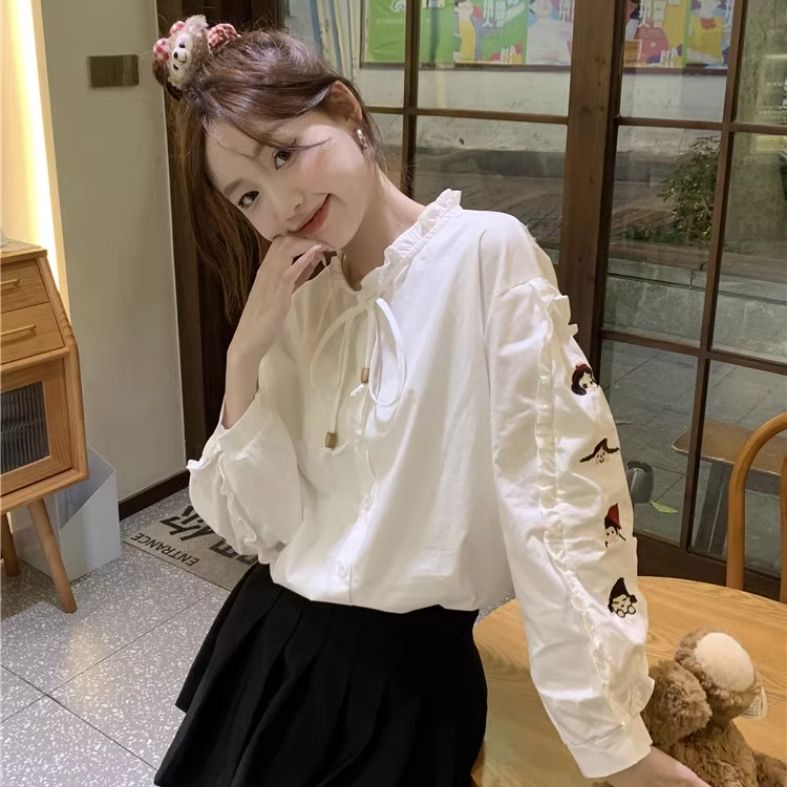Bh เสื้อเบลาส์ คอกลม แขนยาว ปักลาย ทรงหลวม สําหรับผู้หญิง