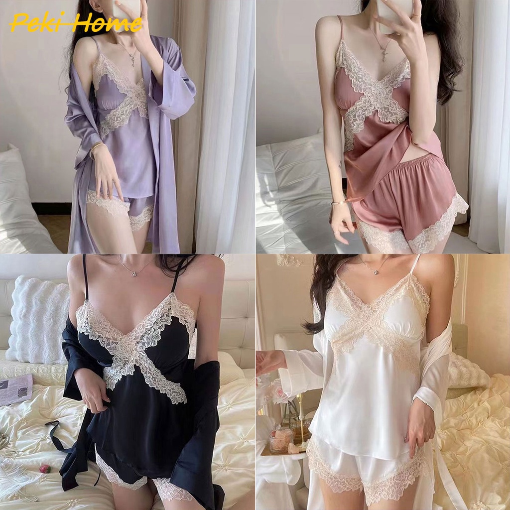 พร้อมส่ง ชุดนอนเเฟชั่นสองชิ้นสไตล์เกาหลีเซ็กซี่เเต่งลูกไม้