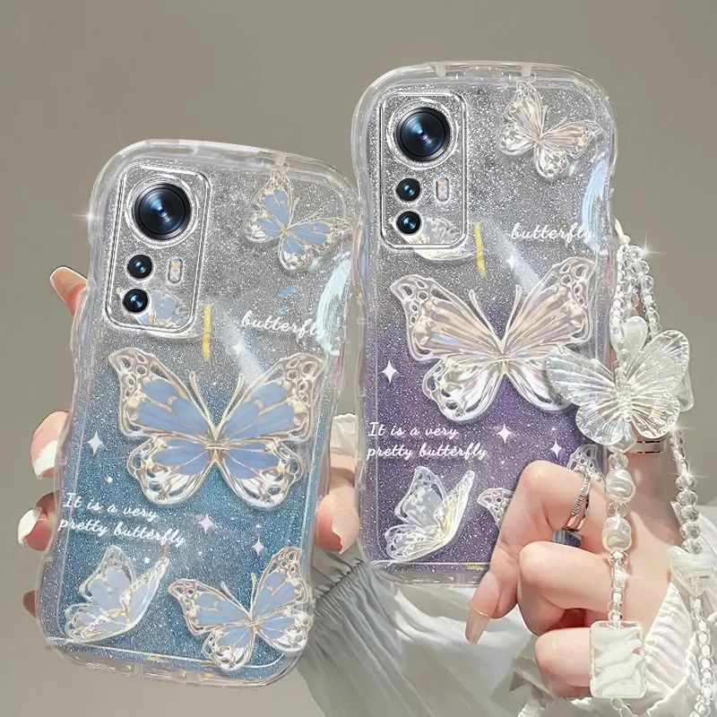 Dreamy Blue Purple Butterfly Xiaomi 11 T Mi 11T Pro Mi 11 Lite Xiaomi 12 Pro 12 Lite เคสโทรศัพท์ กลิตเตอร์ ไล่โทนสี หรูหรา พร้อมตัวยึด