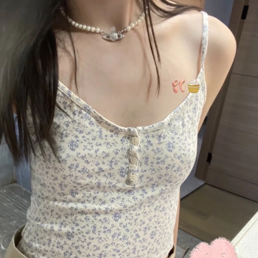 Brandy Melavillebm เสื้อสายเดี่ยว ผ้าฝ้ายแท้ ลายดอกไม้ กระดุมแถวเดียว เข้ารูป สุดชิค ขนาดเล็ก เหมาะกับฤดูร้อน สําหรับผู้หญิง
