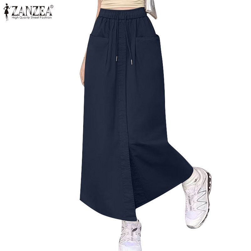 Zanzea ผู้หญิง เกาหลี ยางยืด สายรัดเอว แยกกุ๊น กระเป๋า กระโปรงเกิน