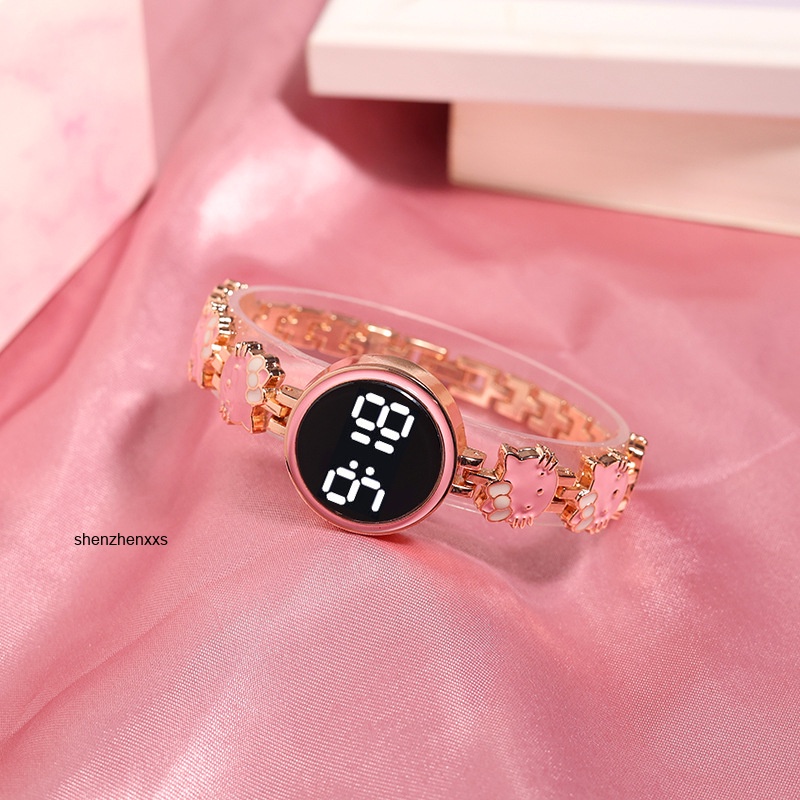 นาฬิกาข้อมือดิจิทัล LED สายสแตนเลส สามารถปรับได้ ลายการ์ตูนแมวน่ารัก แฟชั่นสําหรับผู้ชาย และผู้หญิง