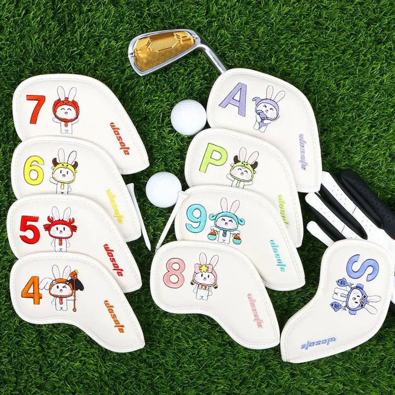 9Pcs Embroidered PU Golf Club Iron Head Covers Protector Golfs Head Cover Set Golf Accessories Golf Putter Cover Golf He