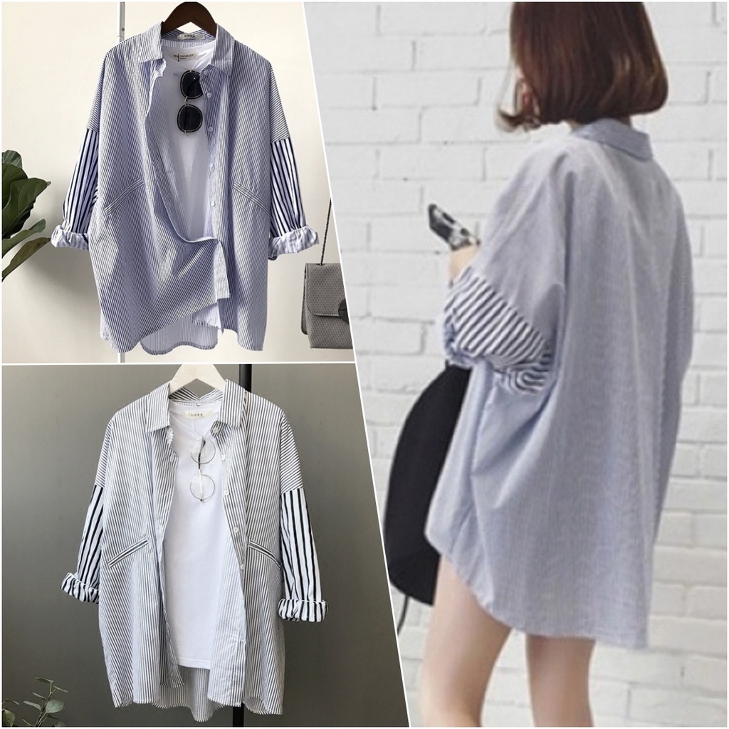 ccute พร้อมส่ง เสื้อลายทาง เสื้อแขนยาว เชิ้ต กันแดด โอเวอร์ไซส์ แฟชั่นผู้หญิง สไตล์เกาหลี