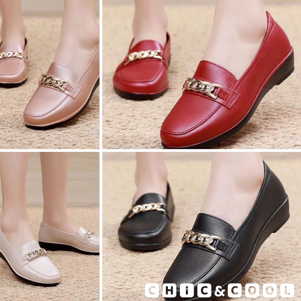 🅲🅷🅸🅲&🅲🅾🅾🅻 รองเท้าคัชชูยาง ส้นเตี้ยแต่งคาดโซ่ 3 สี เบอร์ 36-40 (168)