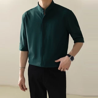 เสื้อเชิ้ตลําลอง คอตั้ง เข้ารูป แฟชั่นฤดูร้อน สําหรับผู้ชาย