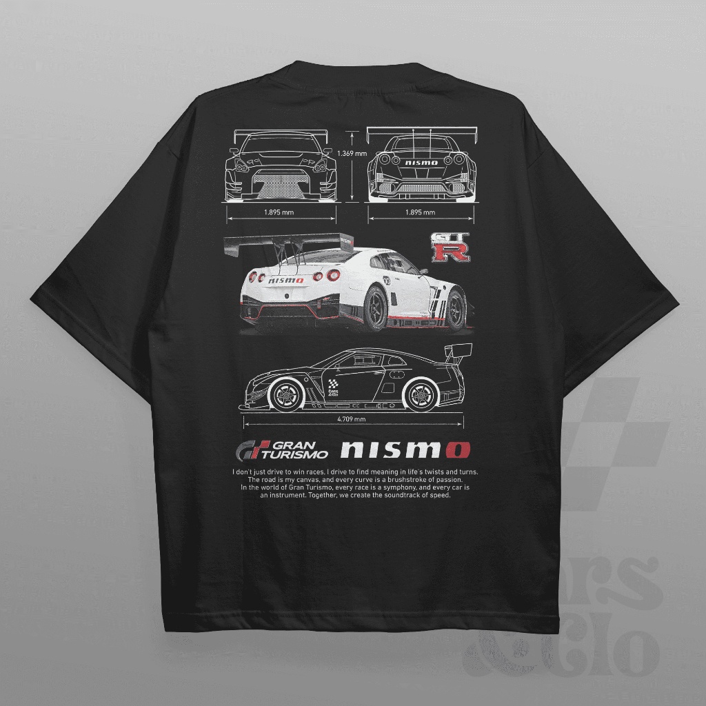 เสื้อยืด พิมพ์ลายรถยนต์ และ Clo - Regular Fit Black - Nissan Gran Turismo GTR NISMO Blueprint