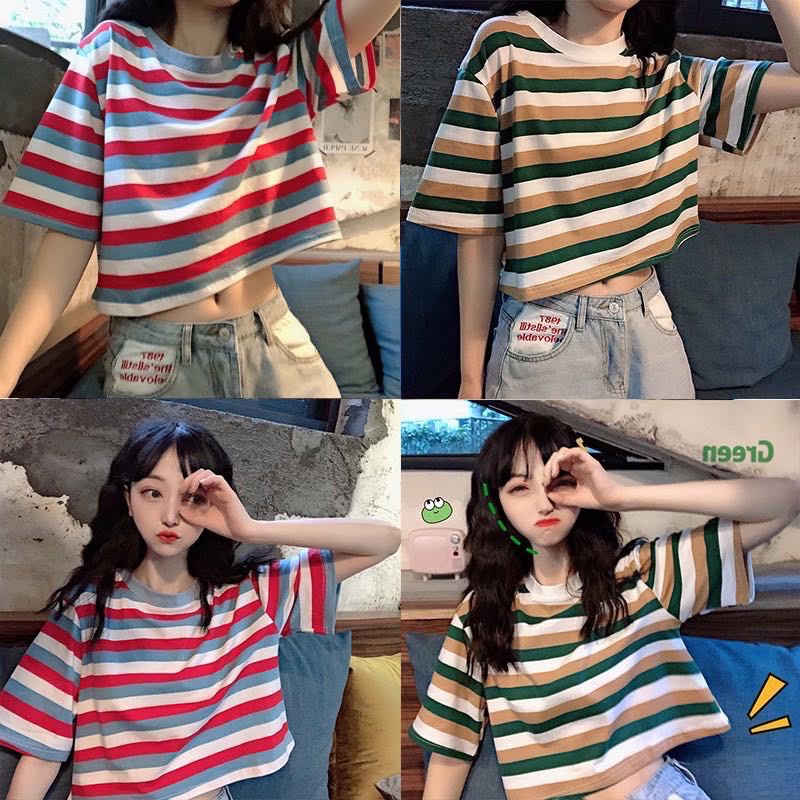 ✨Alva✨เสื้อยืดเอวลอย สไตล์เกาหลี ลายทาง สีรุ้ง เสื้อยืดแฟชั่น 🌈 #9335